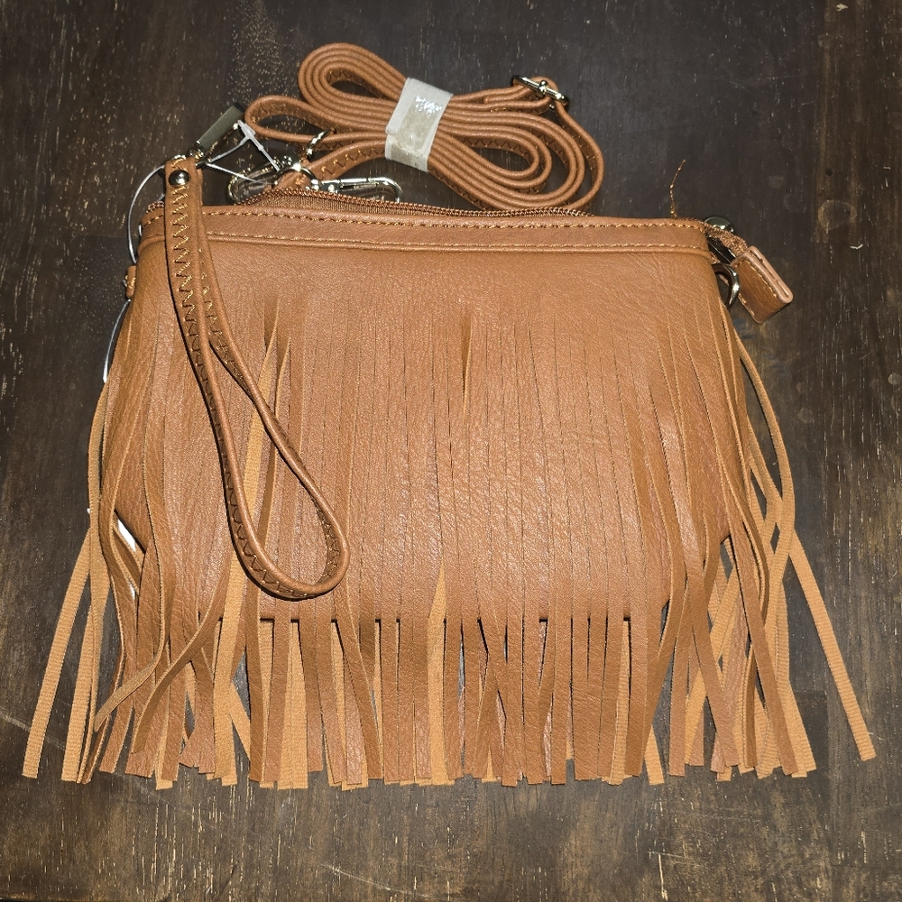 Fringe Brown Faux Leather Crossbody Clutch Or Wristlet‎